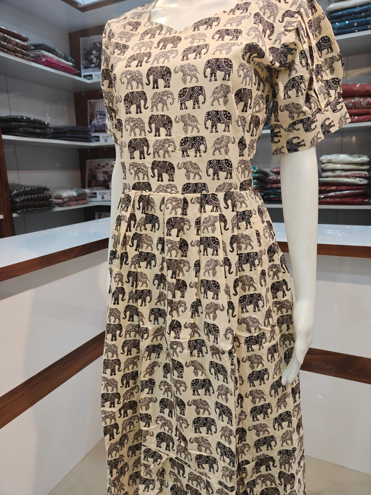 Elephant Print Cotton Short Frock - Cream