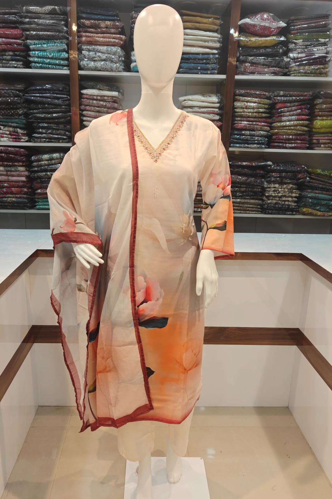 Frock Palazzo Dupatta Set - Cream